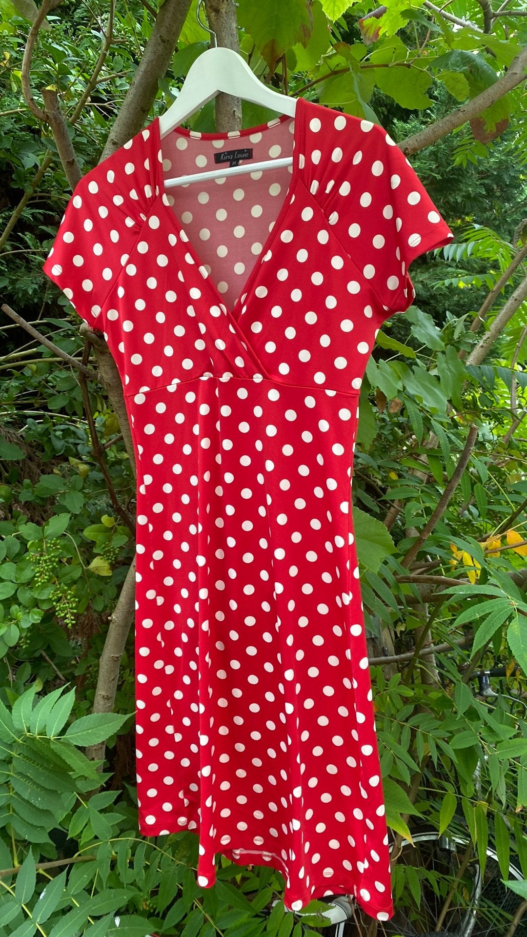 Mooie rode polkadot-jurk King Louie mt M, Maat 38/40 (M), Ophalen of Verzenden, Knielengte, Gedragen