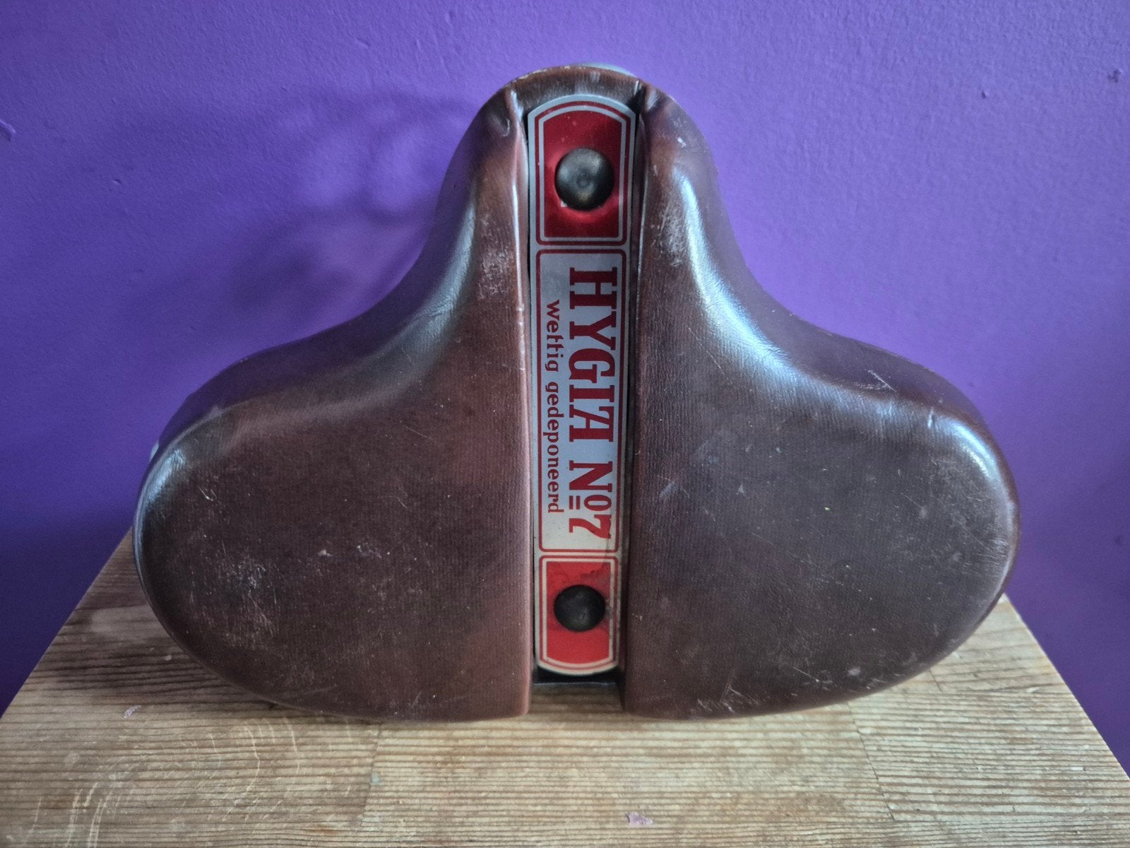 Vintage Hygia N7 fietszadel - Bruin leer met veren, Ophalen, Gebruikt, Leer, Hygia