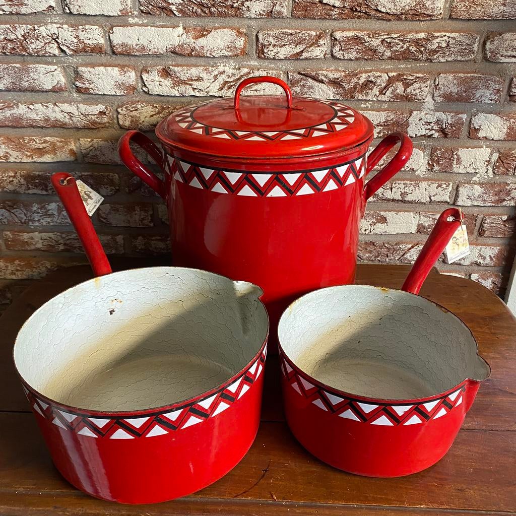Zeldzame rode emaille pannen met uniek patroon, brocante, Ophalen of Verzenden