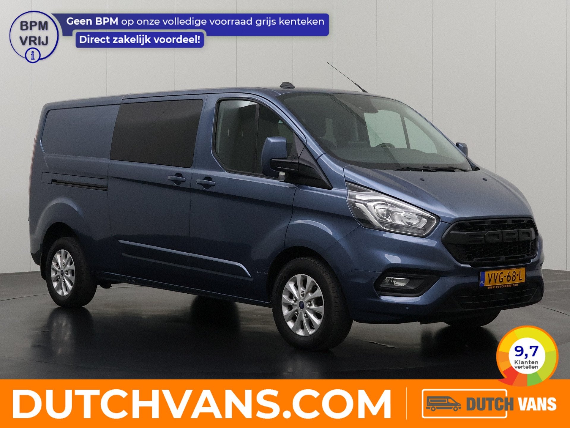 Ford Transit Custom 2.0TDCI 130PK Lang Limited Dubbele Cabin, Voorwielaandrijving, 4 cilinders, Blauw, Origineel Nederlands