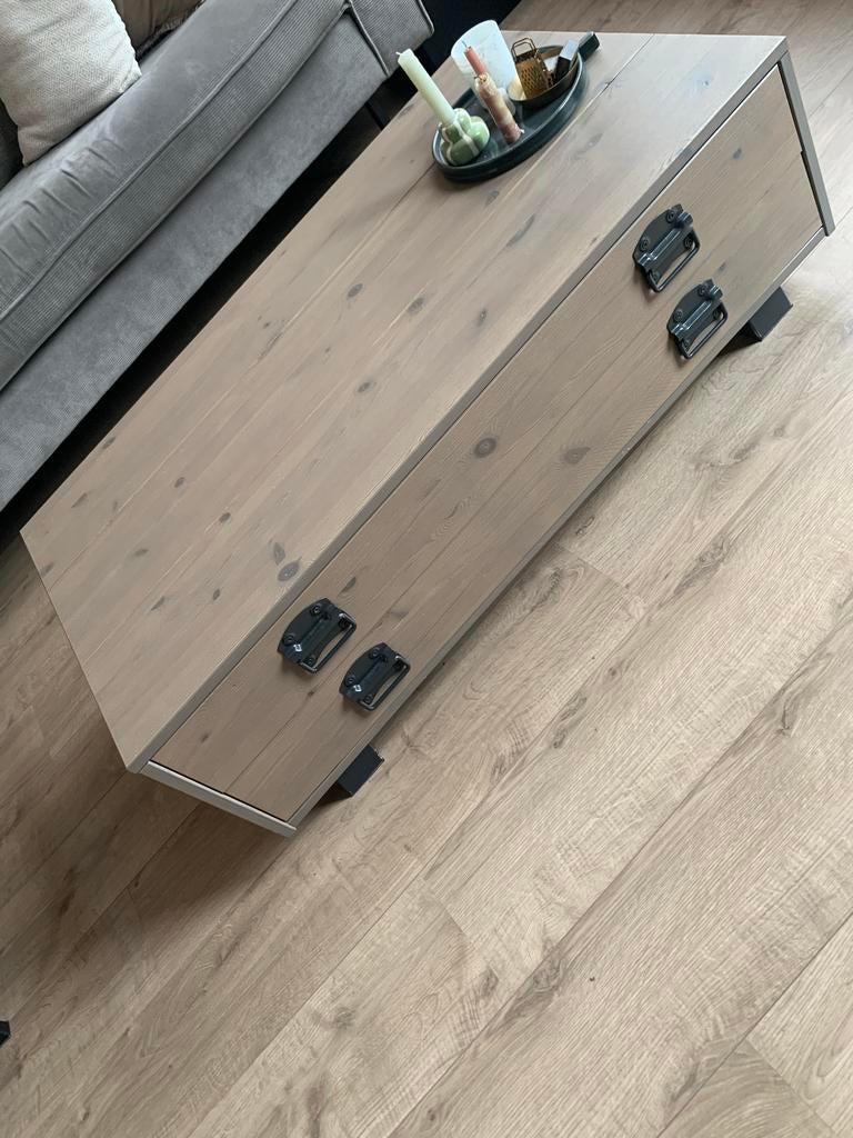 Salontafel Woood met lades en vakken, Huis en Inrichting, Tafels | Salontafels, Ophalen, Gebruikt, 100 tot 150 cm, 50 tot 100 cm
