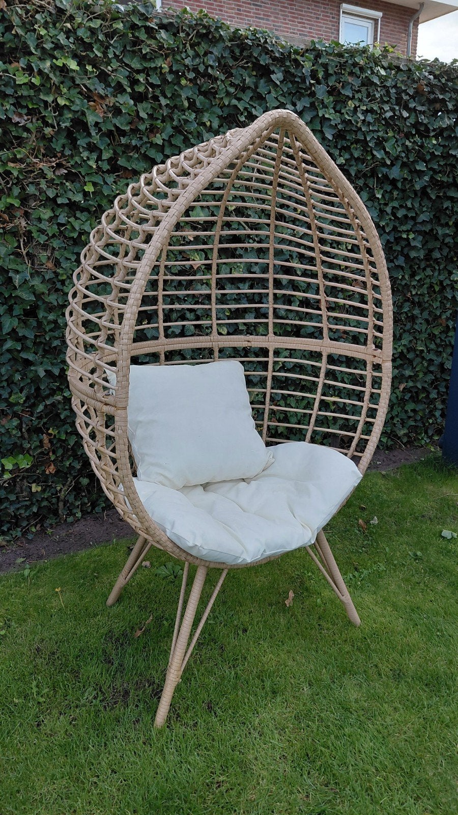 Stijlvolle rotan hangstoel met kussen voor buiten, Ophalen, Zo goed als nieuw, Wicker