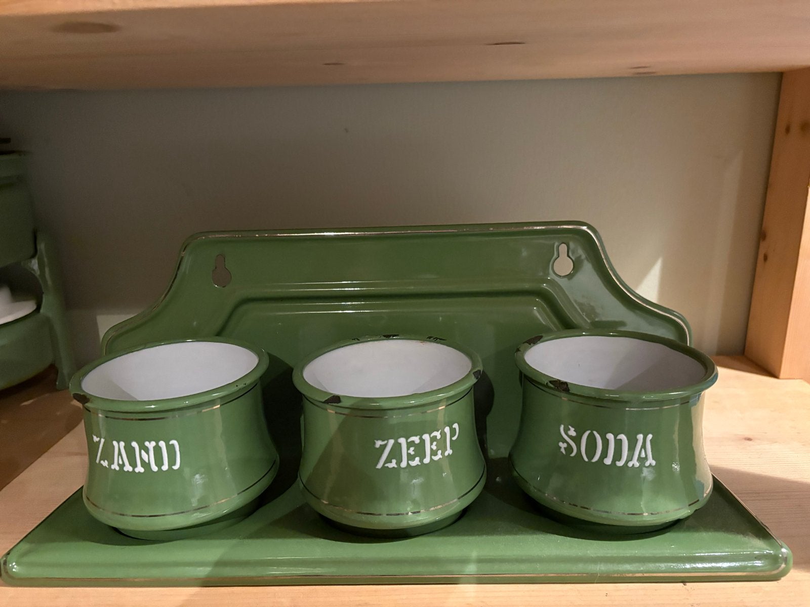 Vintage emaille set: Zand, Zeep, Soda bakjes, Ophalen of Verzenden