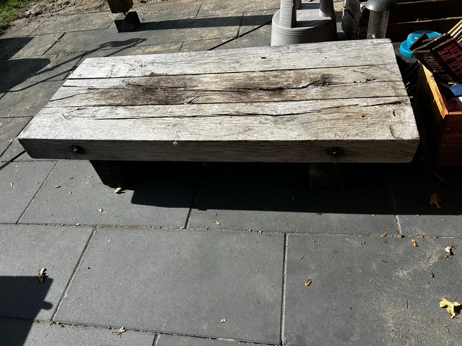 GRATIS - Zware en stoere bielzen tuintafel 150x65 cm, Tuin en Terras, Ophalen, Gebruikt, Rechthoekig, Hout