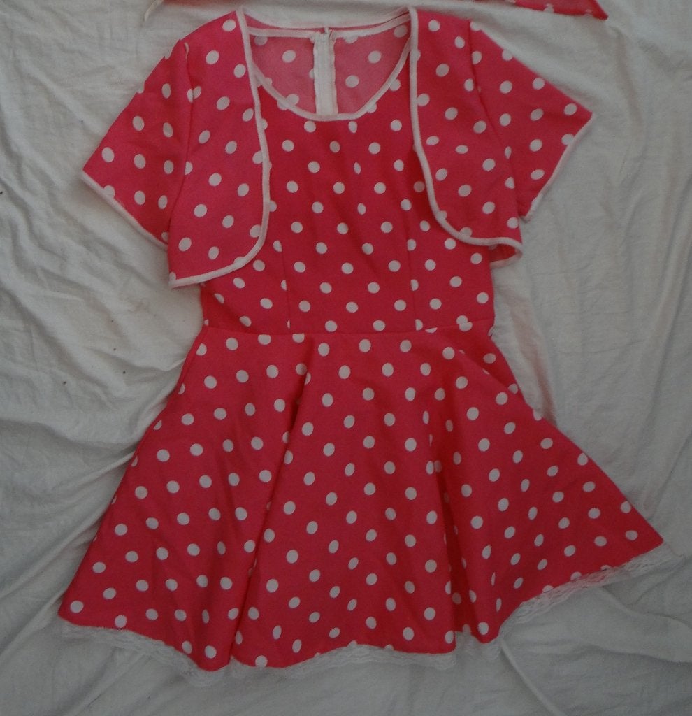 Leuk roze/wit gestipte ROCK & ROLL/ROCKABILLY jurk + bolero, Ophalen of Verzenden, Gebruikt, 146 t/m 152, Meisje