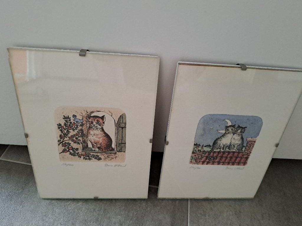 2x kleine genummerde ets van Anna Weber met katten, Antiek en Kunst, Ophalen of Verzenden, Flora en Fauna, Ets