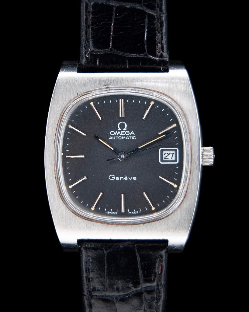 Prachtige Vintage Omega Genève Automatic (TV-Case, 1970s), Leer, Staal, Polshorloge, Ophalen of Verzenden
