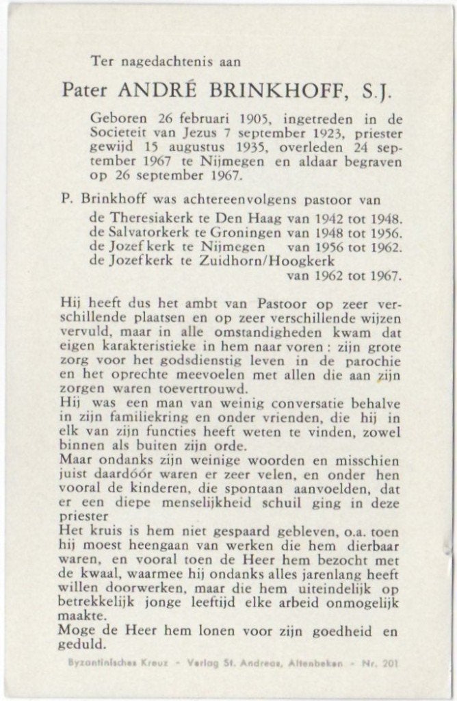 pater André Brinkhoff 1905 Nijmegen + 1967 Nijmegen, 62 jaar, Verzamelen, Ophalen of Verzenden