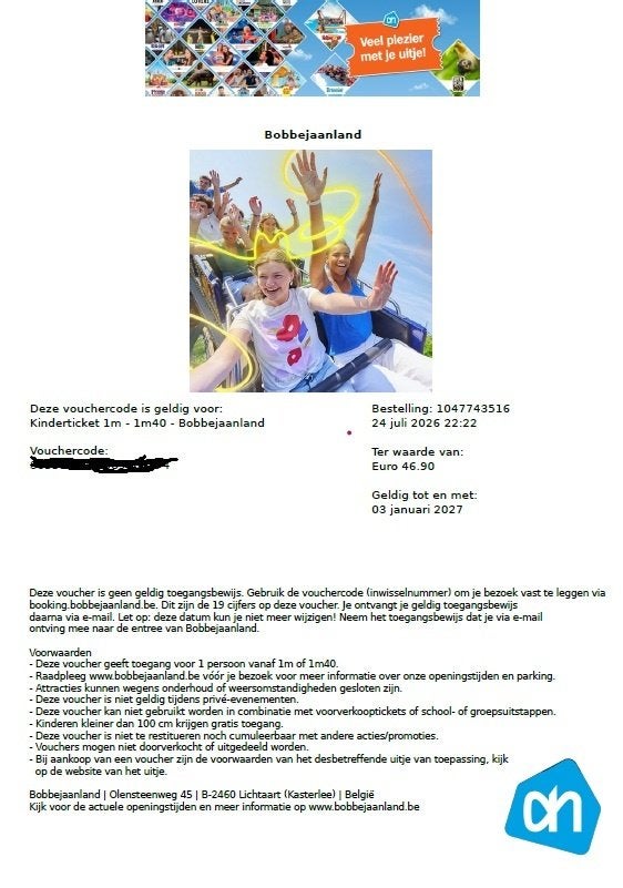 Ticket Bobbejaanland (Kind 1 meter - 1,40 meter), Tickets en Kaartjes, Eén persoon