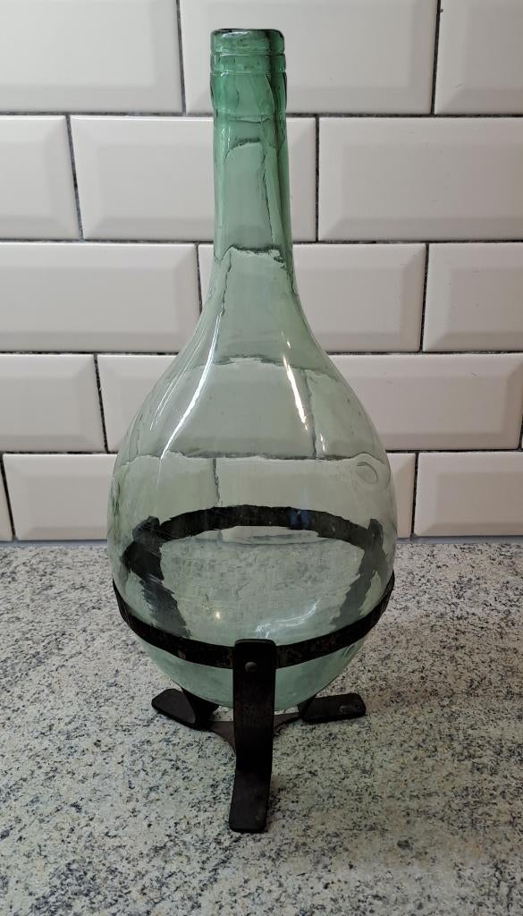 Ballonfles met koperen voet, Ophalen, Minder dan 50 cm, Groen, Glas