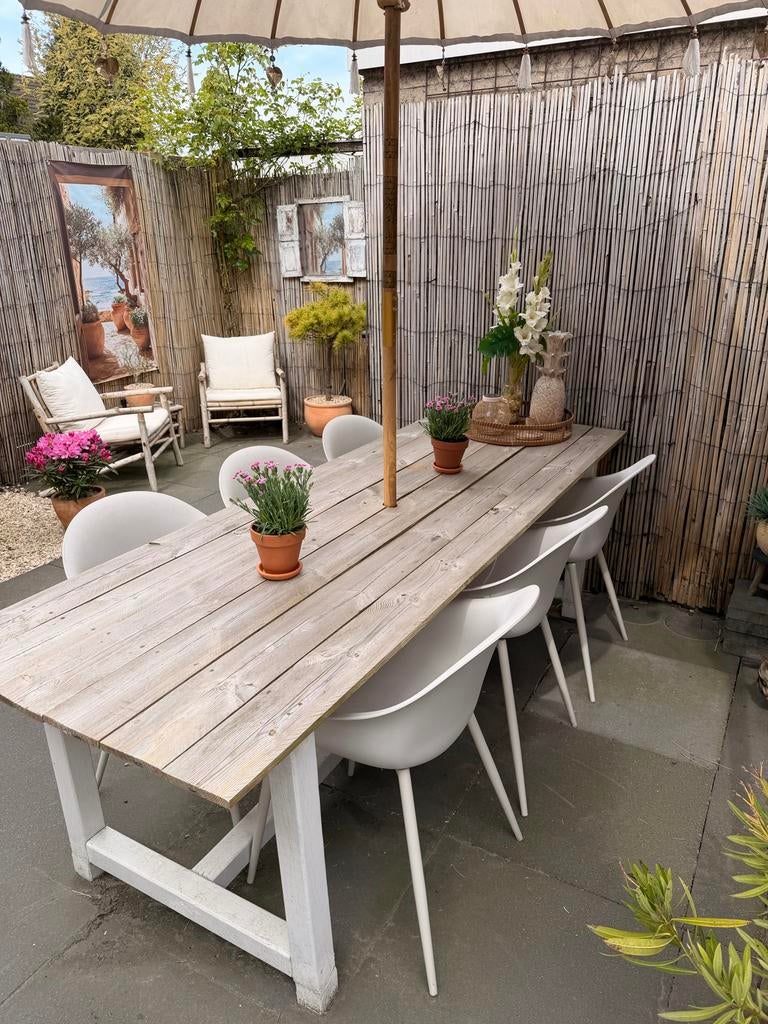 Buiten eettafel met 6 Ibiza style all weather stoelen, Ophalen of Verzenden, Gebruikt, Rechthoekig, Hout