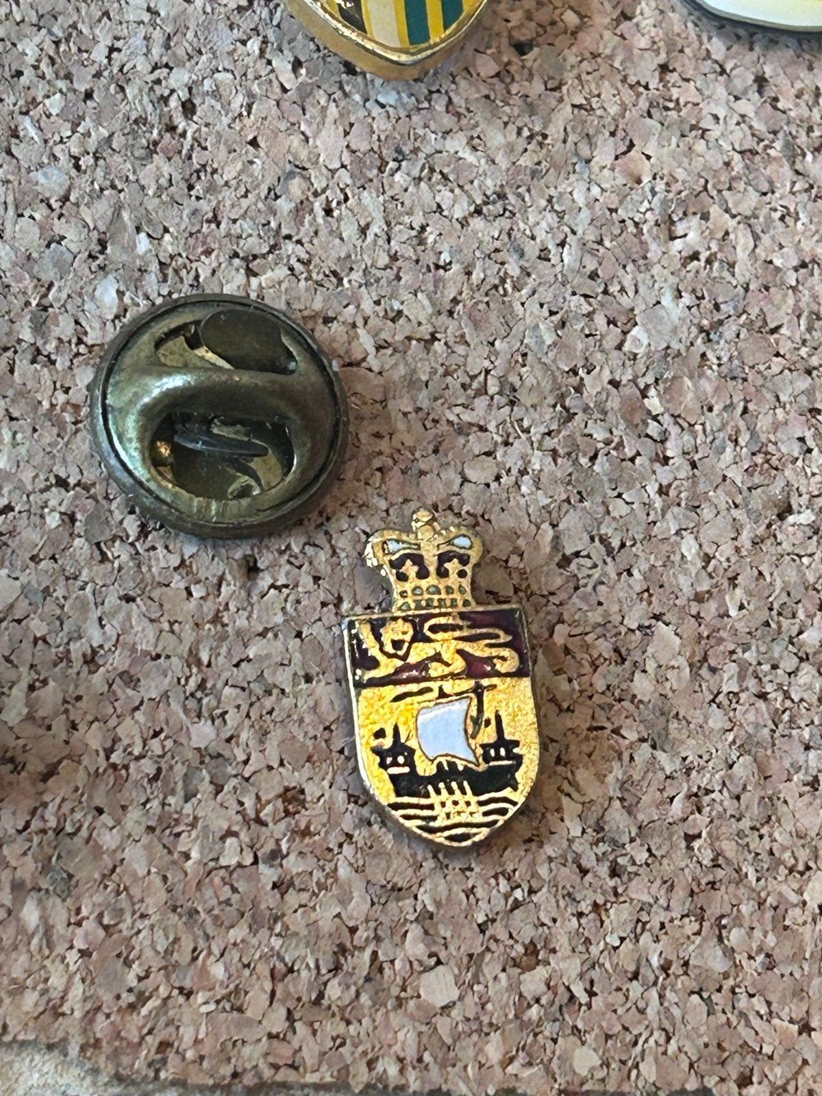 Vintage pin Wapen met Kroon en Schip, Ophalen of Verzenden, Gebruikt, Overige onderwerpen, Speldje of Pin