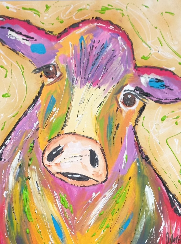 Schilderij kleurrijke koe, Minder dan 50 cm, Nieuw, Ophalen of Verzenden, Schilderij