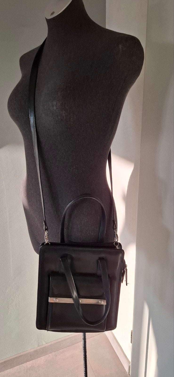 Francesco Biasia tas vintage tas leer zwart schoudertas, Ophalen of Verzenden, Gebruikt, Zwart, Handtas
