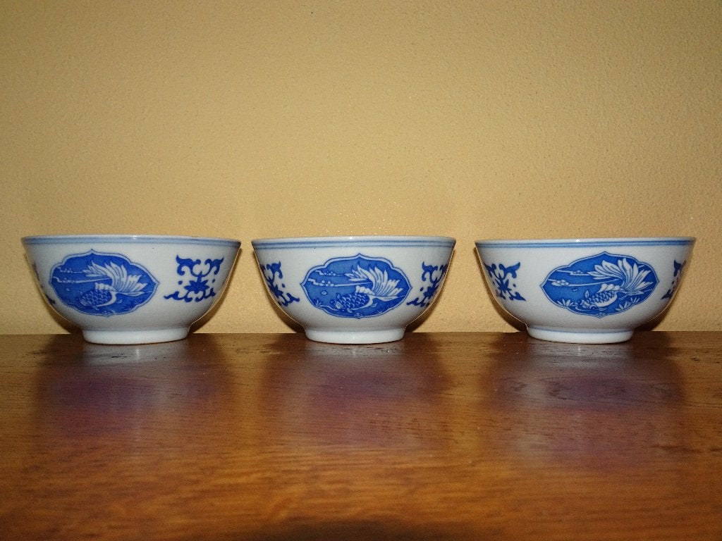 3 Chinese soepkommen met afbeelding vissen, Ophalen of Verzenden, Zo goed als nieuw, Kom(men), Overige stijlen