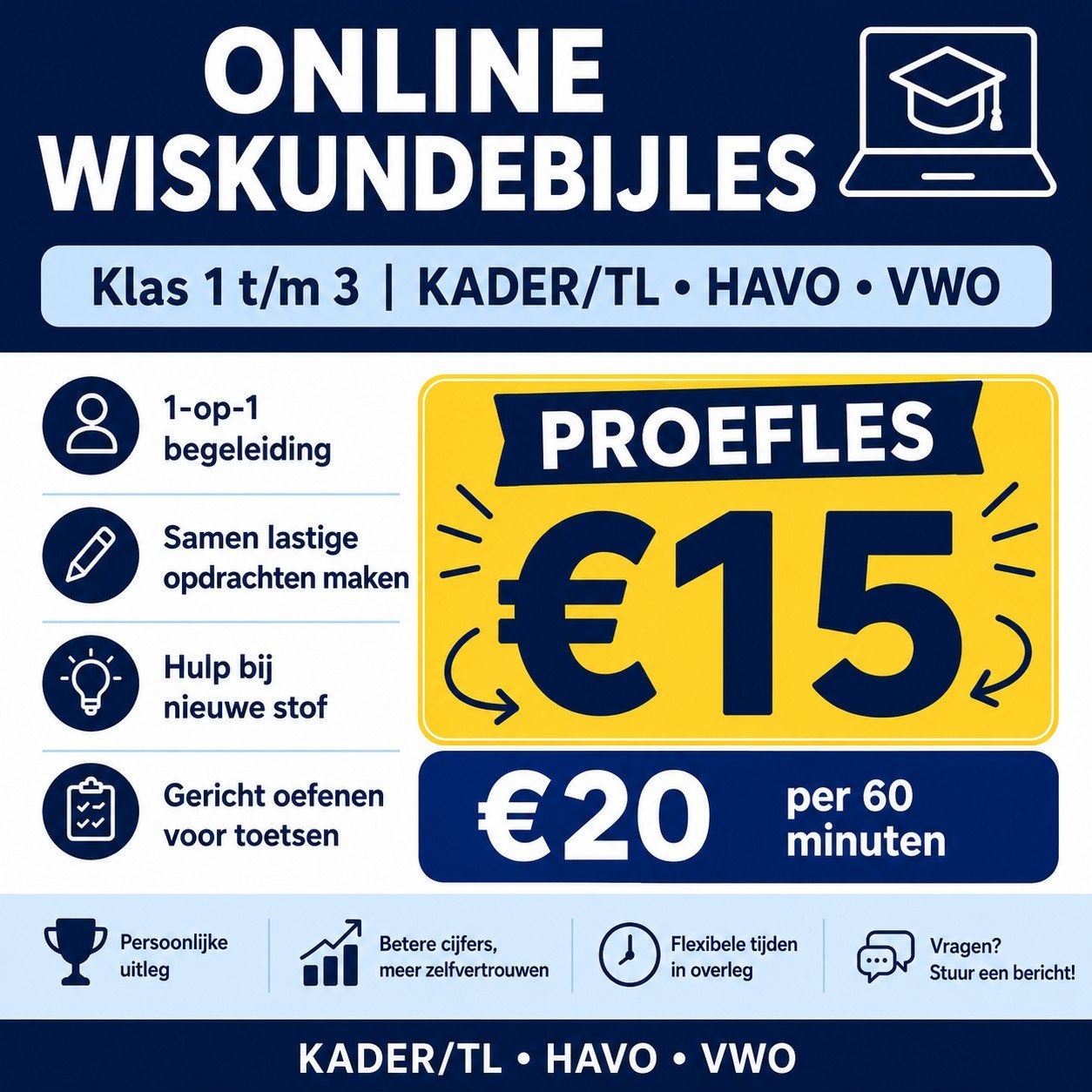 Wiskunde bijles €15 proefles | Klas 1-3 | 1-op-1, Privéles, Bijles