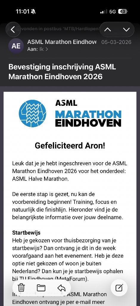 Startbewijs ASML Halve Marathon Eindhoven, Tickets en Kaartjes, Evenementen en Festivals, Eén persoon
