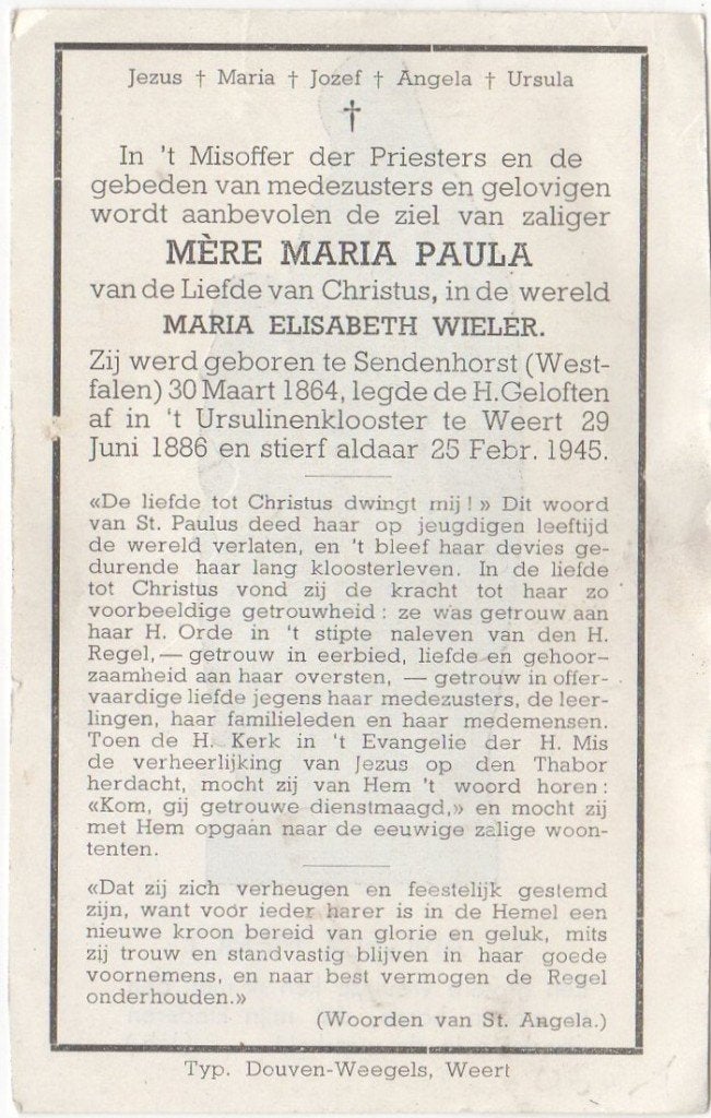 zr. Maria E. Wieler 1864 Sendenhorst (D) + 1945 Weert, 80 jr, Verzamelen, Bidprentjes en Rouwkaarten, Verzenden
