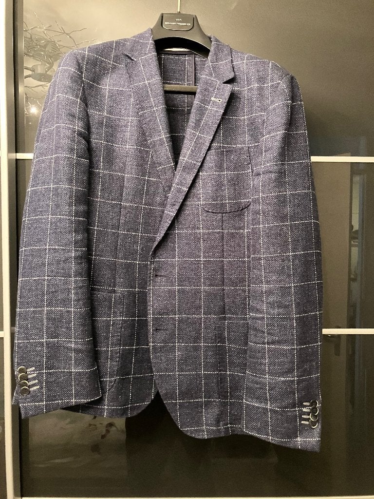 Colbert; Krijtstreep Ruit Donkerblauw; Linen-Wool; Benvenuto, Ophalen of Verzenden, Zo goed als nieuw, Maat 48/50 (M), Blauw