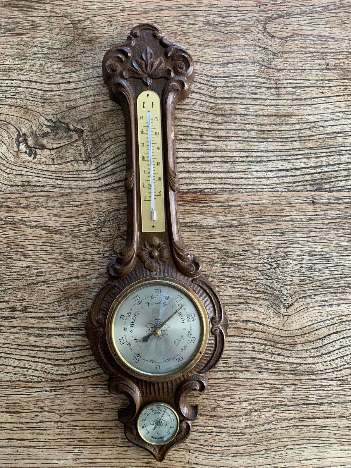 Vintage Weerstation Barometer Thermometer Hygrometer Hout, Ophalen of Verzenden, Gebruikt, Weerstation