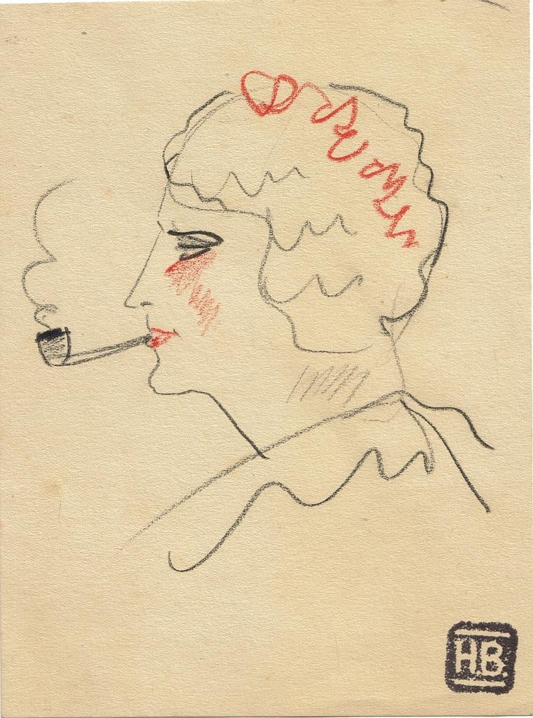 Herman Bieling krijttekening "Pijprokende Vrouw / Dromen", Ophalen, Minder dan 50 cm, Gebruikt, Minder dan 50 cm