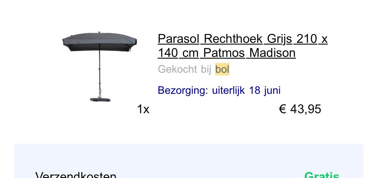 Parasol kleur grijs nieuw, Tuin en Terras, Parasols, Ophalen, Zo goed als nieuw, 2 tot 3 meter