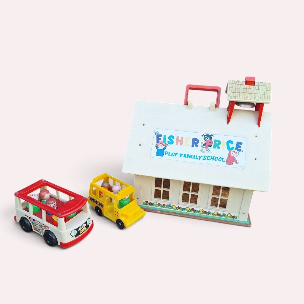 Vintage Fisher-Price Schoolhuis met Bussen en Figuren, Kinderen en Baby's, Onbekend, zie verpakking voor details, Ophalen of Verzenden