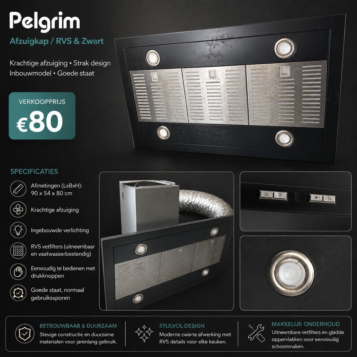 Pelgrim Inbouw Afzuigkap 90 cm–Zwart/RVS–Verlichting–€120, Ophalen of Verzenden, Zo goed als nieuw, Overige typen