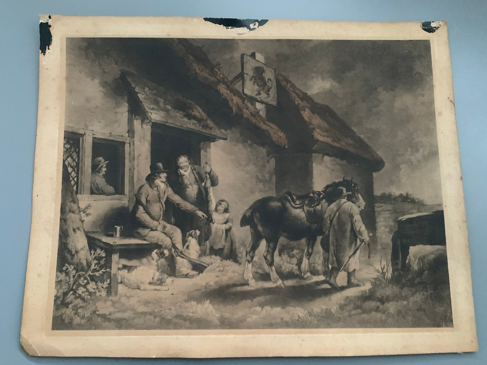 Antieke prent - herbergscène met jagers en paard, Dagelijks leven, Ets, Ophalen of Verzenden, Origineel