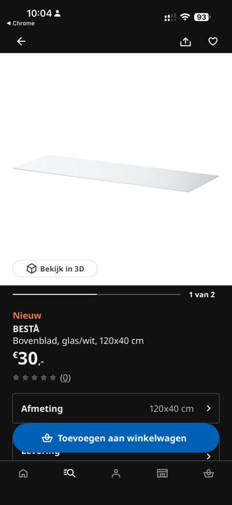 Ikea Bovenblad glas/wit 120x40, Ophalen, 50 tot 100 cm, Minder dan 100 cm, 25 tot 50 cm