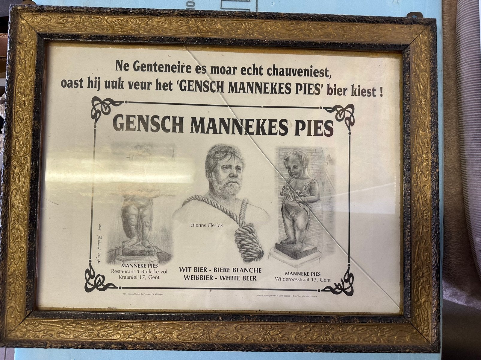 Vintage bierbord / kader "Gensch Mannekes Pies" witbier Gent, Ophalen, Gebruikt, Glas, Goud