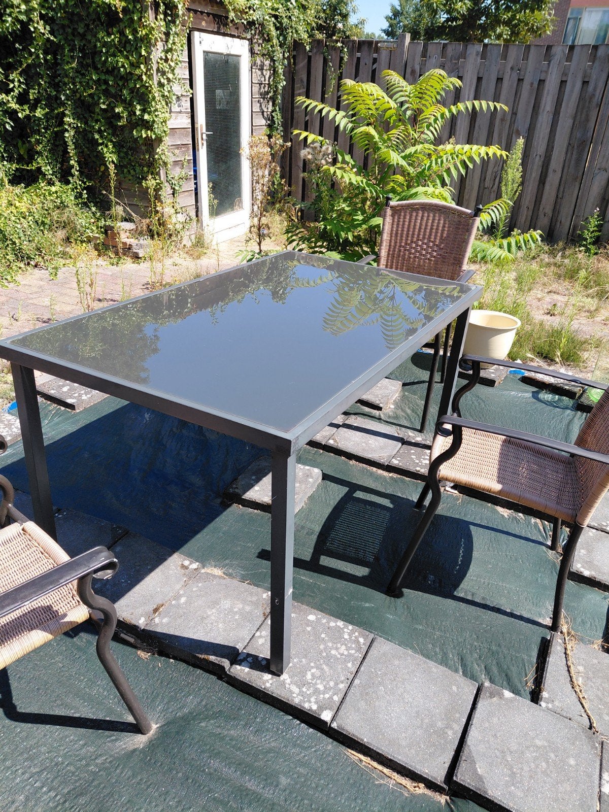 Glazen tuintafel, Ophalen of Verzenden, Gebruikt, Aluminium, Eettafel