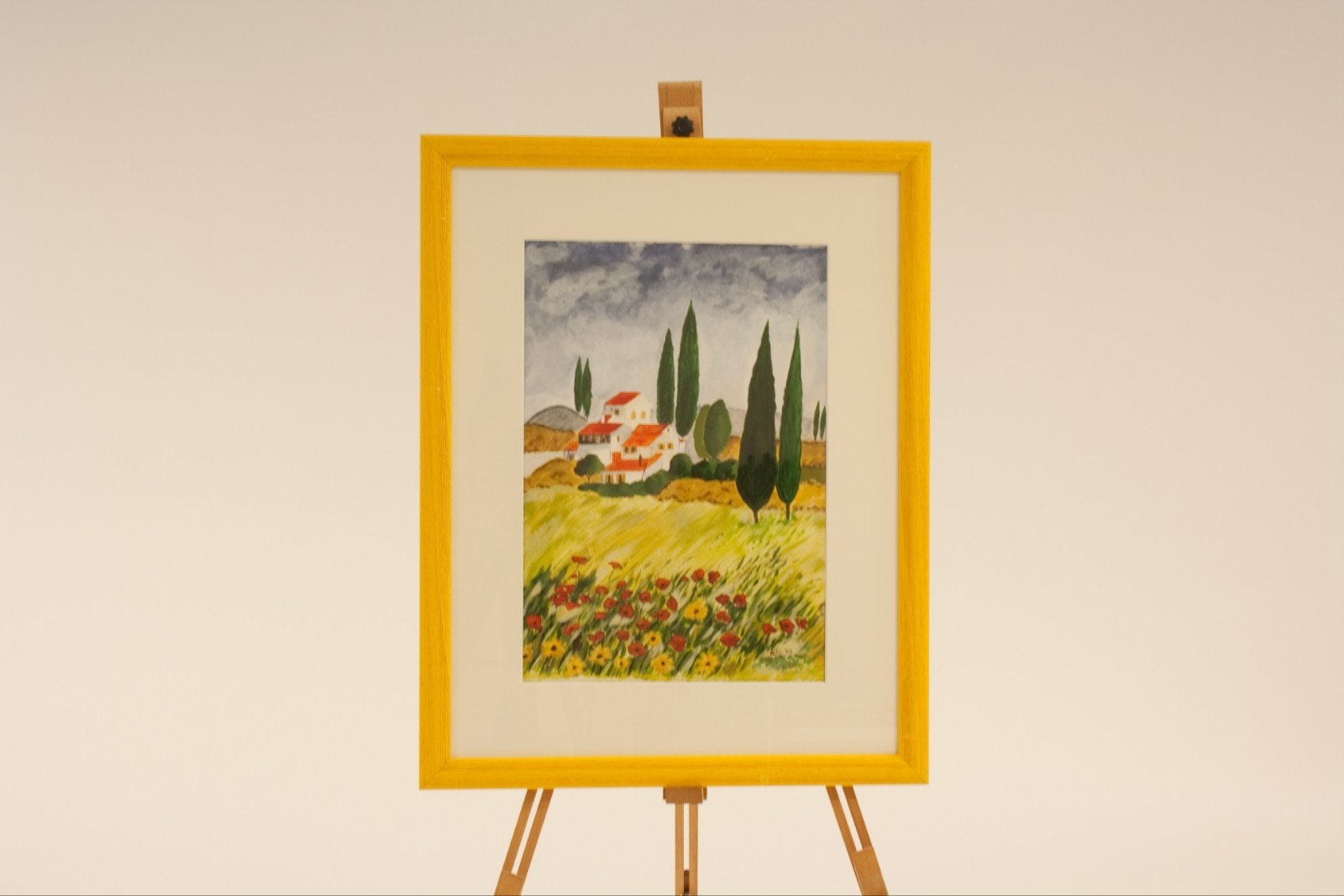 Ingelijst Landschap met Huis en Cipressen - 71x56cm, Antiek en Kunst, Kunst | Schilderijen | Klassiek, Ophalen, Ingelijst, Landschap