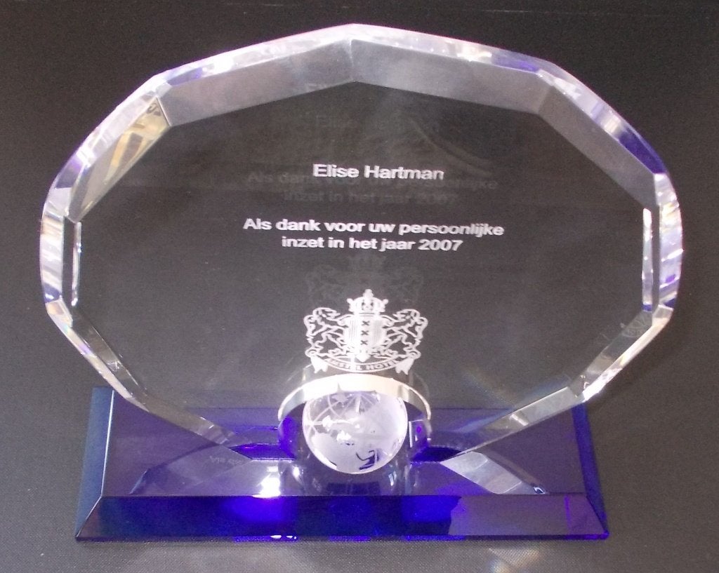 Glazen trofee AMSTEL HOTEL (Amsterdam), Ophalen of Verzenden, Beeld, Glas
