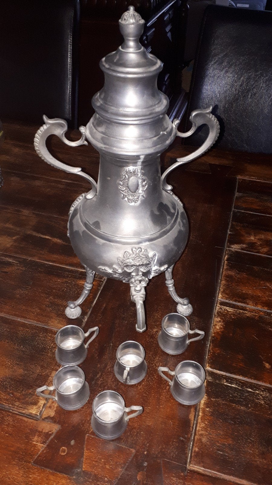 Antieke tinnen theepot met 6 kopjes - Etain Pur, Ophalen of Verzenden
