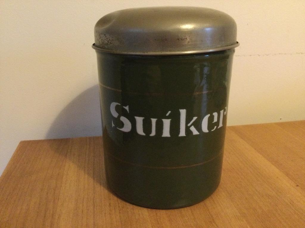 Emaille voorraadbus - Suiker - Groen met gouden bies, Antiek en Kunst, Antiek | Emaille, Ophalen of Verzenden