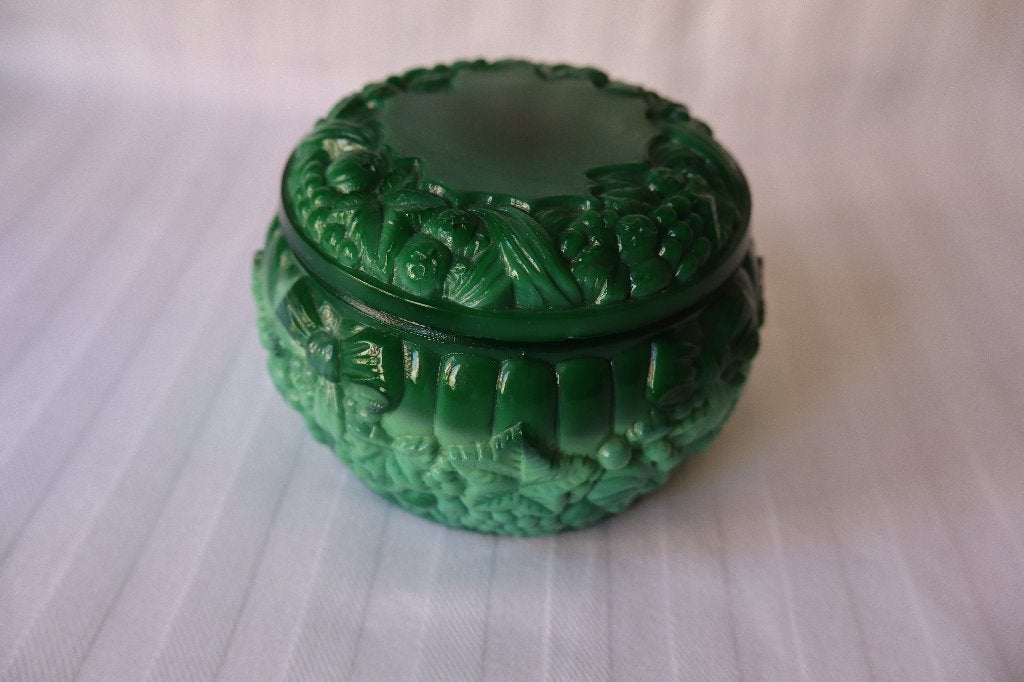 Vintage Boheems Schlevogt malachiet glas doosje, Antiek en Kunst, Ophalen of Verzenden