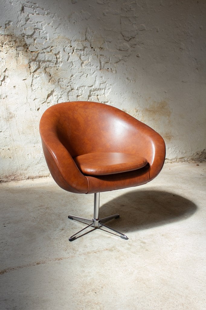 70's fauteuil / swivel chair bruin skai leer, Ophalen, Gebruikt, Minder dan 75 cm, X