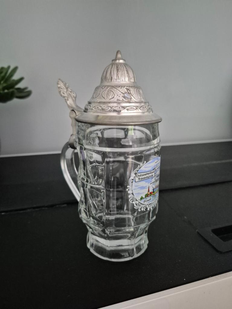 Vintage Duitse bierpul met tinnen deksel - Travemünde, Ophalen of Verzenden