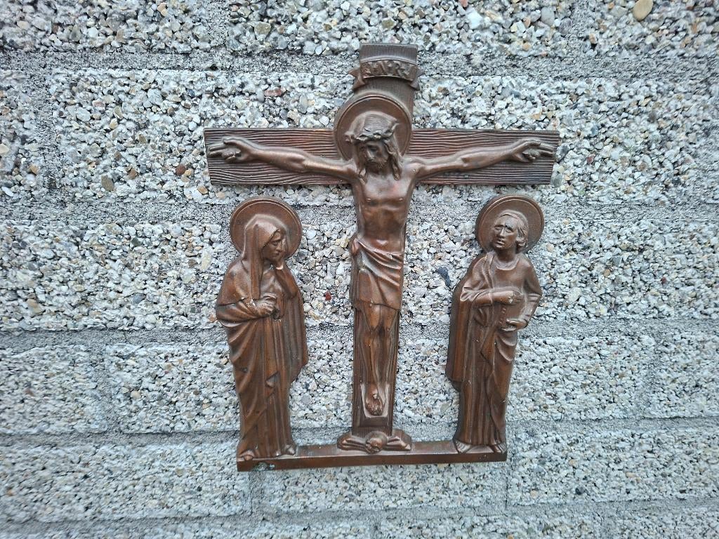 antiek brons crucifix van gekruisigde christus met maria, Ophalen of Verzenden