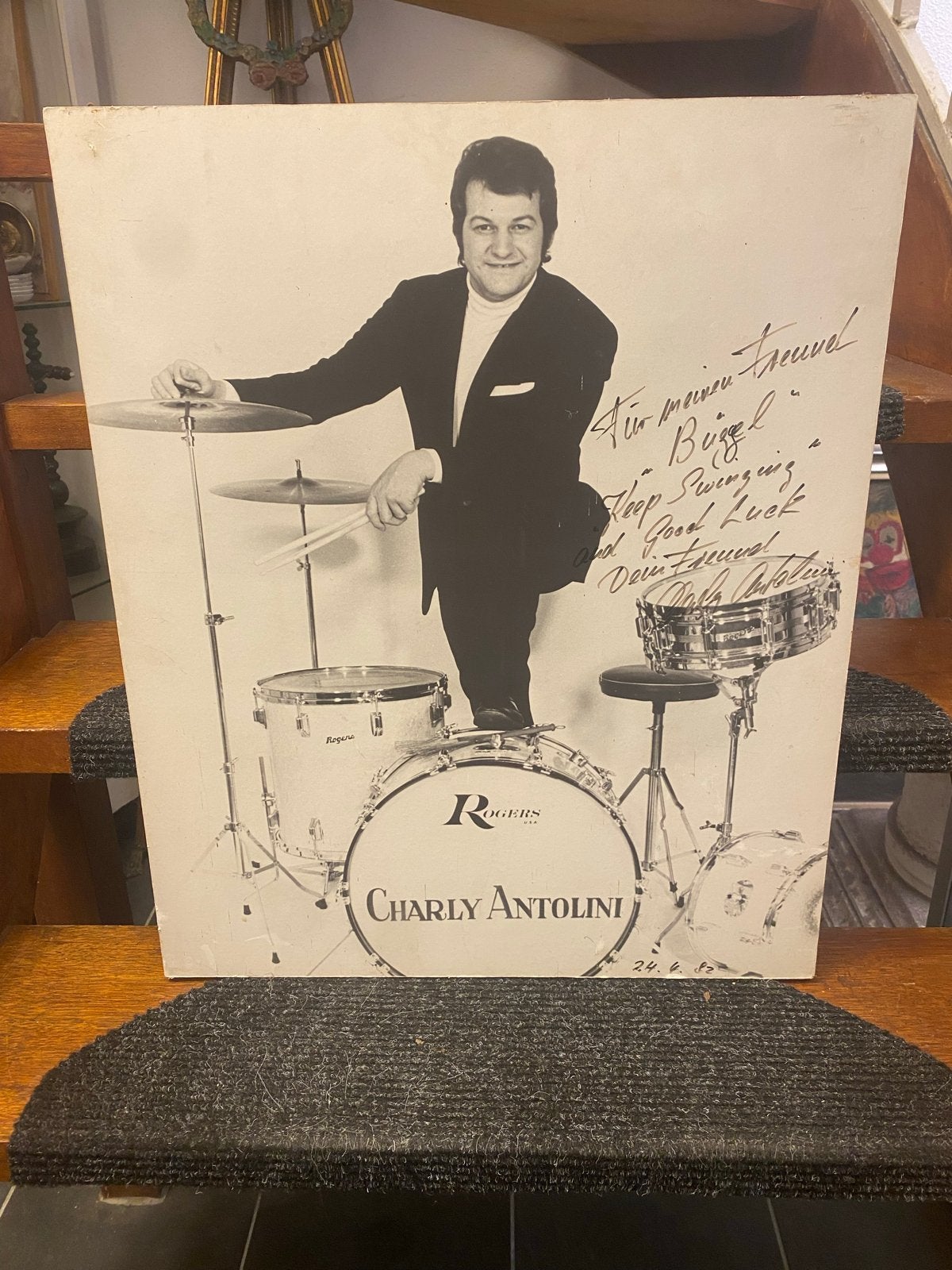Gesigneerde foto Charly Antolini - Rogers Drums, Muziek en Instrumenten, Ophalen of Verzenden, Gebruikt, Overige merken
