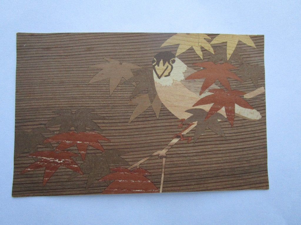 Ansichtkaart Japan houtsnede Vogel op tak  esdoornbladeren, Verzenden, Voor 1920, Ongelopen, Buiten Europa