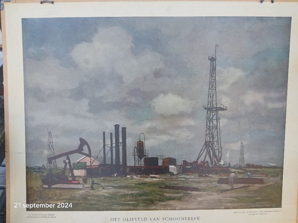 Schoolplaat Het olieveld van Schoonebeek Joop Kropff 1948, Ophalen of Verzenden, Stad- en Dorpsgezichten