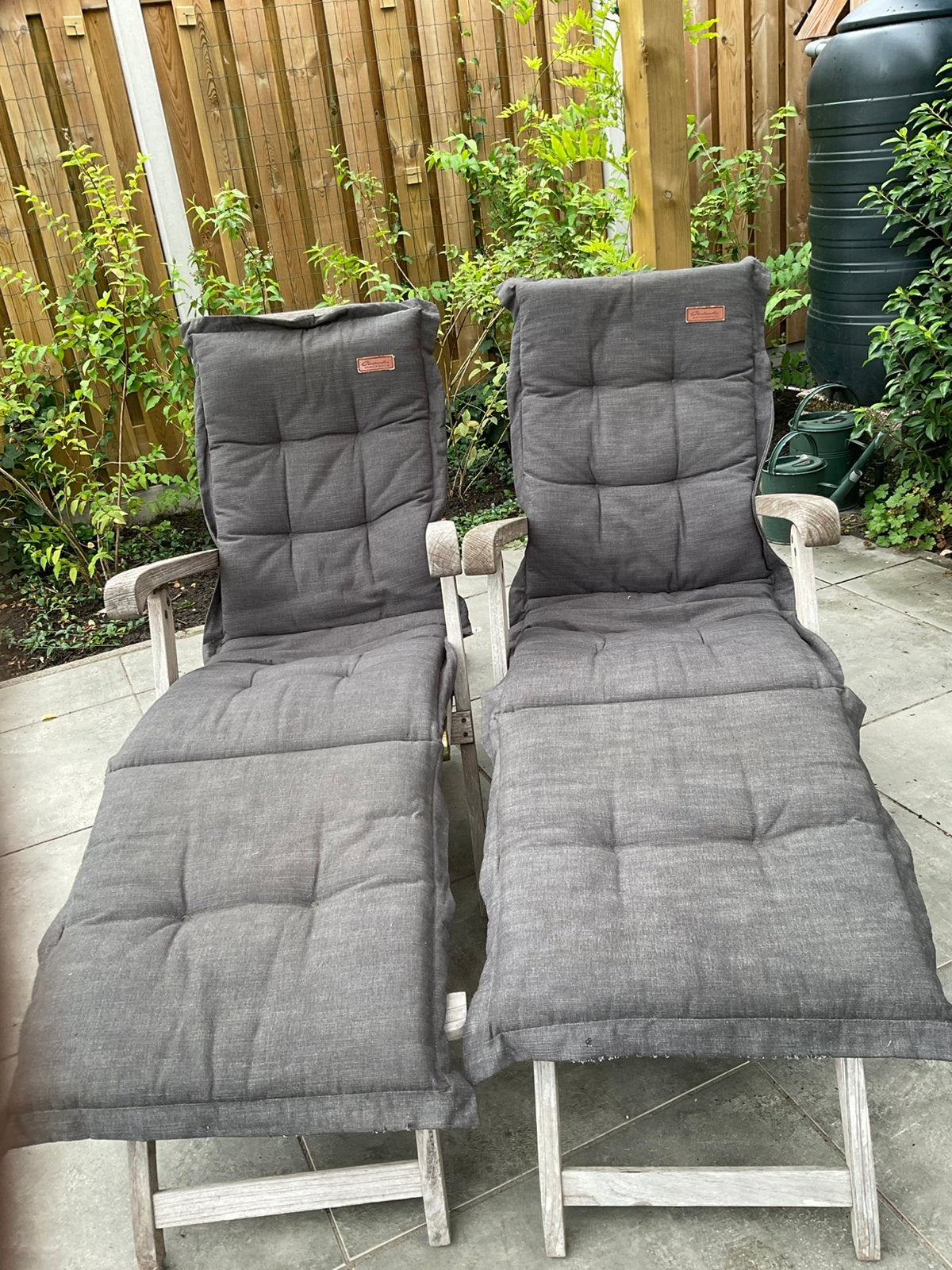Deckchair met kussens., Ophalen, Gebruikt, Teakhout, Verstelbaar