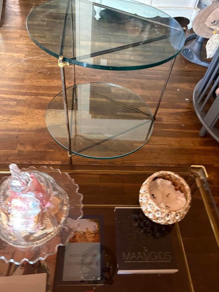Glazen tafel met koperen onderstel, Huis en Inrichting, Tafels | Salontafels, Ophalen of Verzenden, Gebruikt, Glas