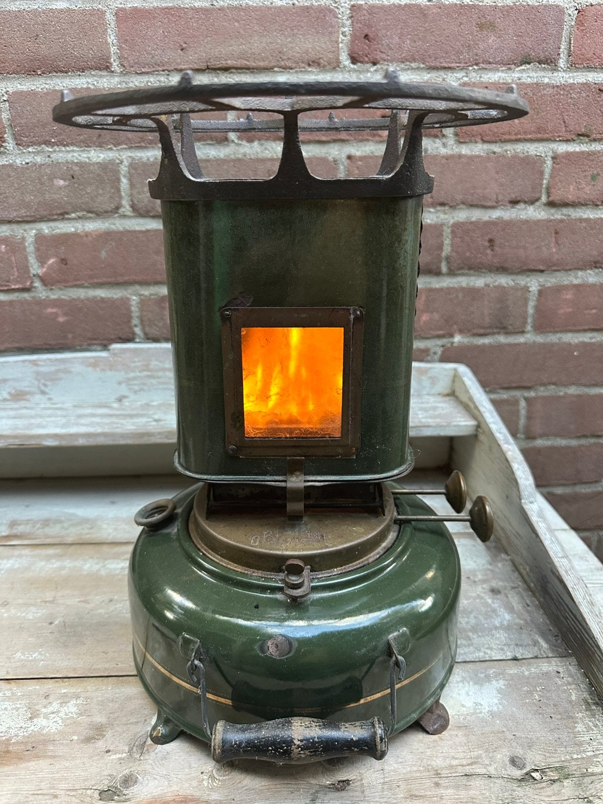 Petroleumstel Haller donkergroen gouden bies emaille, Antiek en Kunst, Ophalen of Verzenden