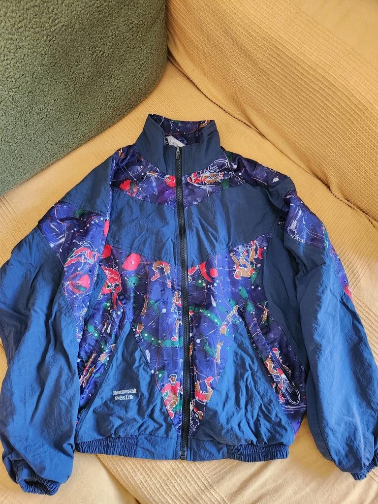 Vintage Windjack met Print - Geschatte Maat S/M, Blauw, Ophalen of Verzenden, Onbekend, Maat 36 (S)