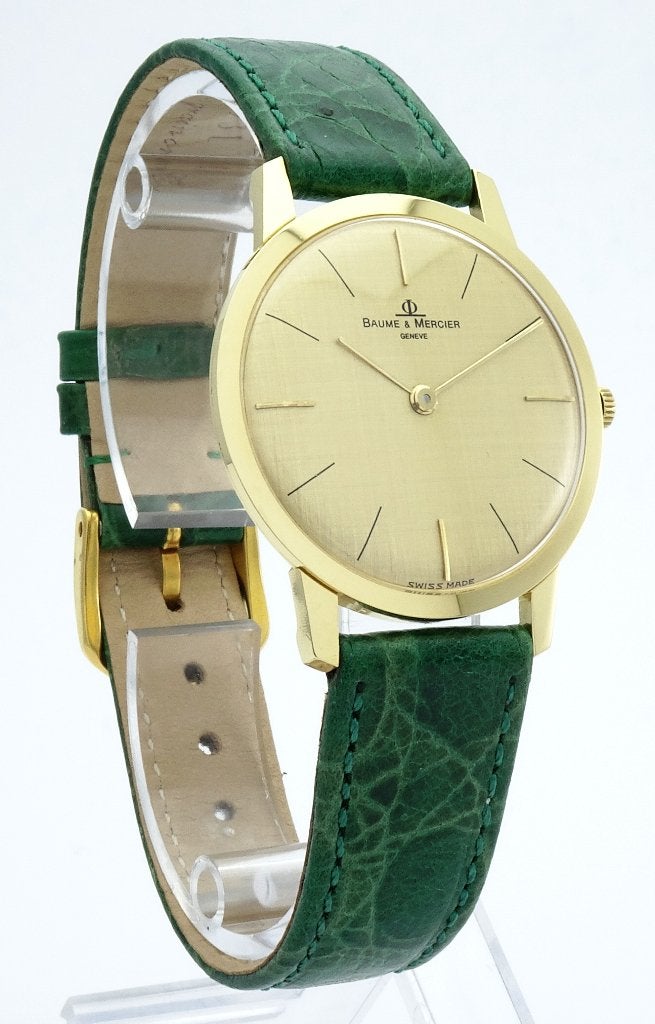 Baume et Mercier 18kt goud 1960’S Mint conditie, Leer, Polshorloge, Zo goed als nieuw, Goud