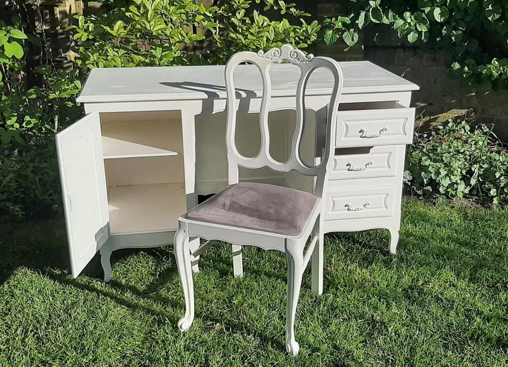 Vintage Queen Anne bureau wit met stoel, Ophalen, Gebruikt, Hout, Klassiek
