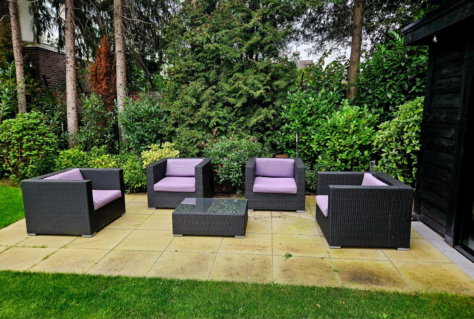 Wicker Loungeset met 4 Stoelen en Salontafel, Tuin en Terras, Ophalen, 4 zitplaatsen, Gebruikt, Bijzettafel
